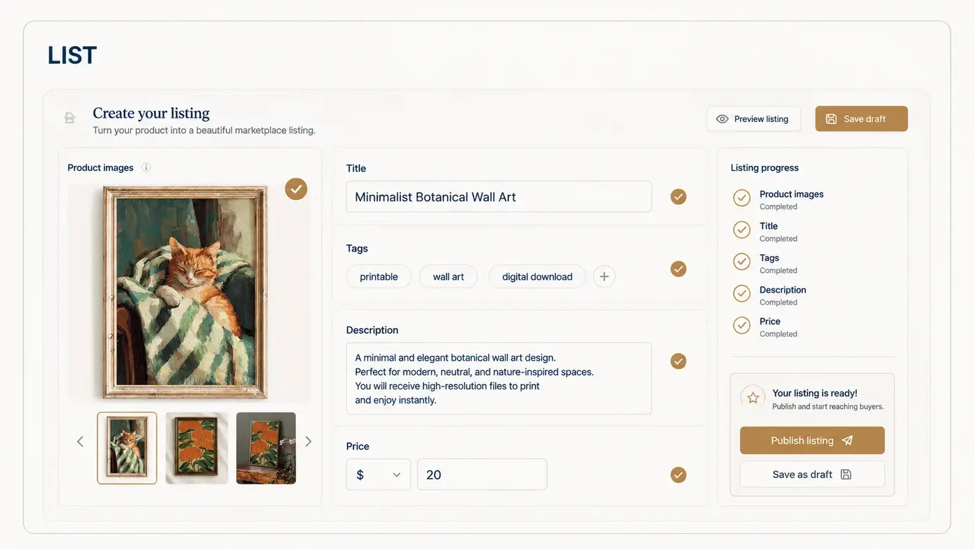 The listing being written: the product images and their thumbnails, the title, the tags, the description and the price, each ticked off as it is done, with a progress panel beside them and a publish button waiting at the end.
