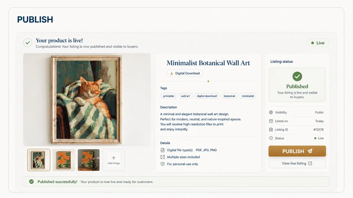 The listing published: the product page with its title, tags, description and details, a status panel turning over to published and live, and a bar confirming it went out successfully.