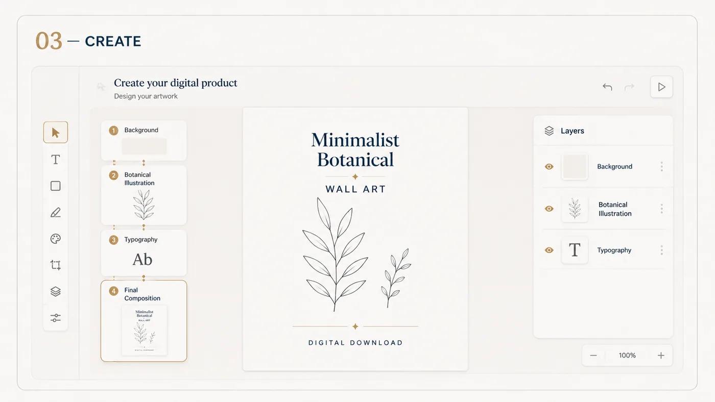 The artwork open in a design tool, built up in layers: background, botanical illustration, then typography.