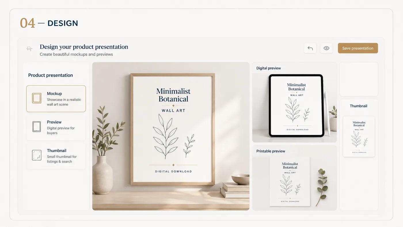 The finished print placed into three mockups — a framed wall scene, a tablet preview and a small thumbnail.