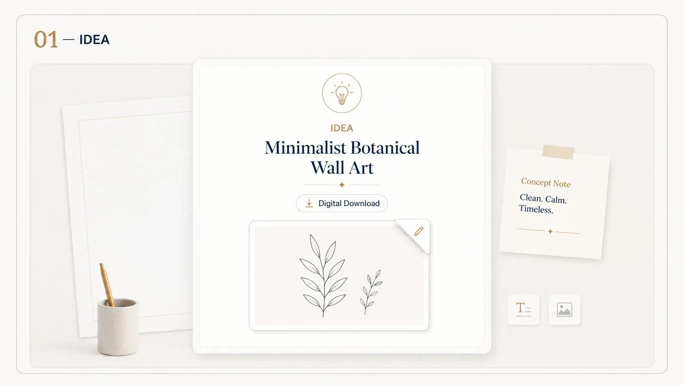 A concept card on a desk naming the product, with a sketch of the print and a note reading clean, calm, timeless.