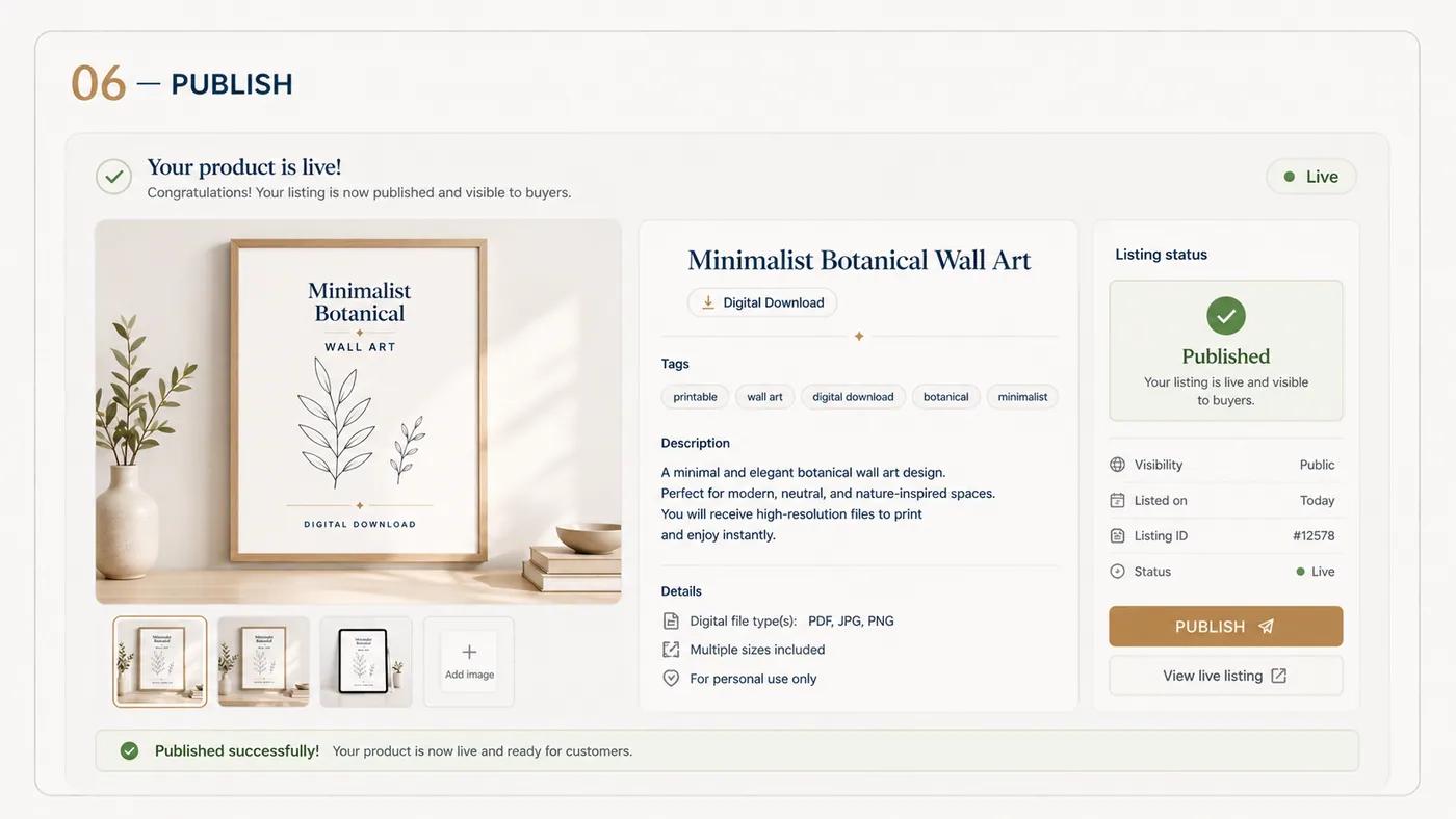 The published listing, showing the product page, its details, and a status panel reading published and live.