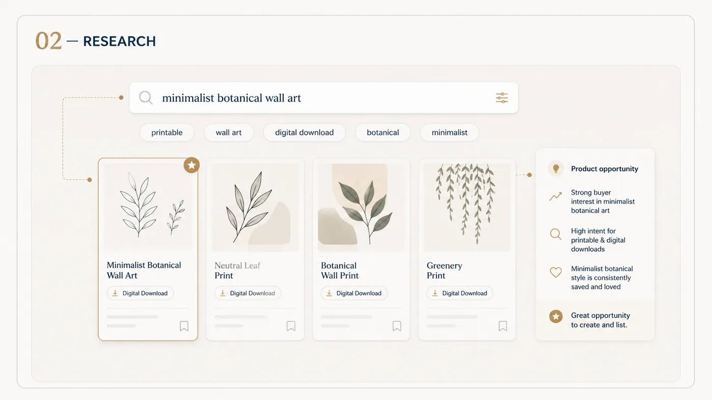 A marketplace search for minimalist botanical wall art, its keyword filters, and four competing listings with one picked out.